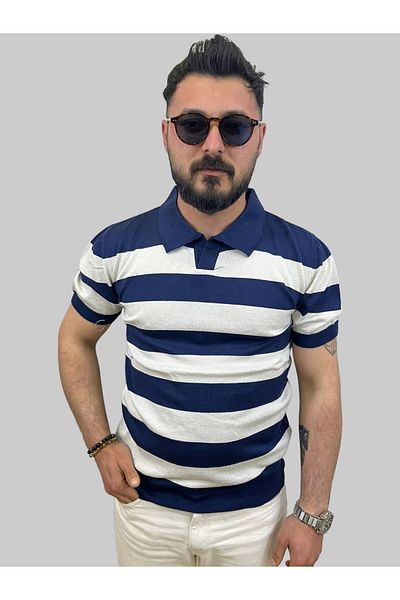 daniel milano تي شيرت رجالي ذو قصة ضيقة وياقة بولو باللون الأزرق الداكن