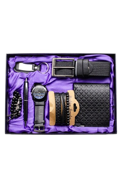 Tessero Set cadou pentru barbati cu ceas analog, bratari, curea si portofel din piele naturala, pix, breloc,