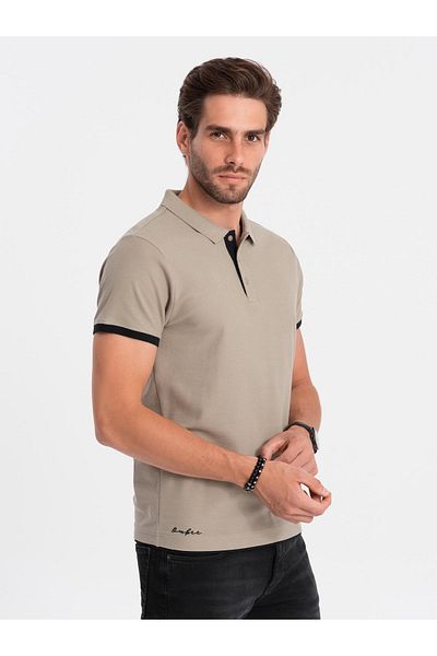 OMBRE Herren-Poloshirt aus Baumwolle mit Kontrastbesatz - Dunkelbeige V5 OM-POSS-0113 M