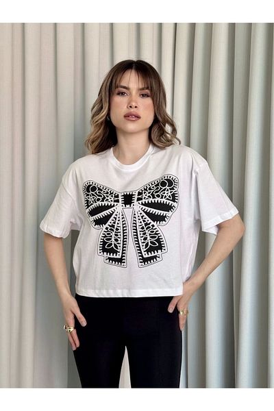 TB Terzi Bey Oversize White Printed Crop T-Shirt
