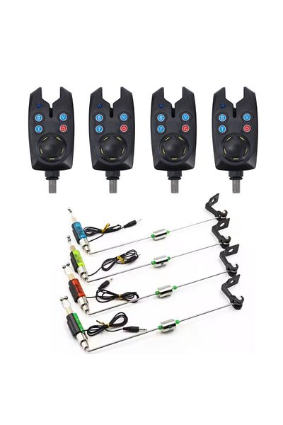 FishEdge Set de 4 alarme + 4 balansoare cu braț metalic, greutate reglabilă, iluminare LED, FishEdge Negru