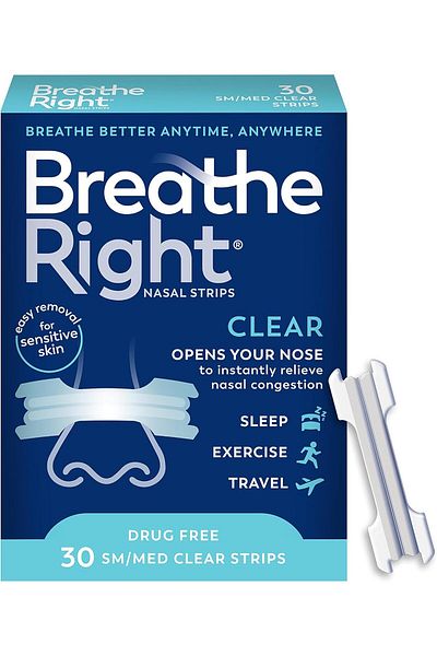 Breathe Right شرائط الأنف الأصلية الشفافة متوسطة/صغيرة الحجم للبشرة الحساسة، 30 قطعة