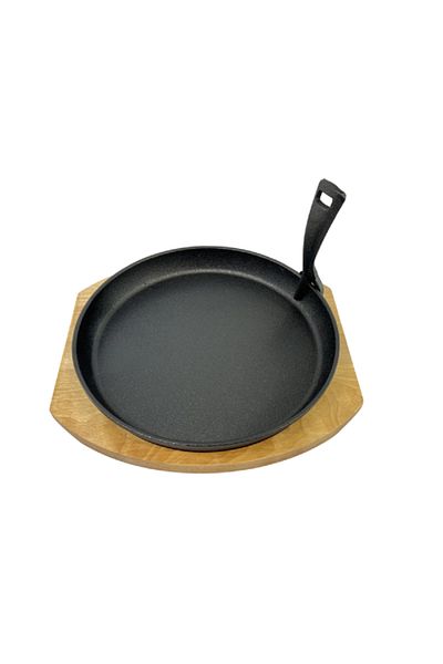 Parfait Ergonomic Handle Cast Iron Wooden Base Round Sizzling Serving Plate