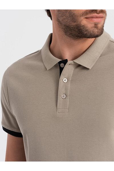 OMBRE Herren-Poloshirt aus Baumwolle mit Kontrastbesatz - Dunkelbeige V5 OM-POSS-0113 M