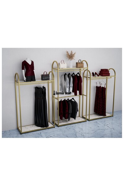 İzmir Raf Butik Mağaza Oval Kenarlı Gold Üçlü Askılık Stand