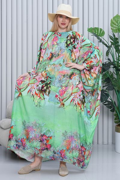 EL jadida Women's Patterned Oversize Long Viscose Dress Green