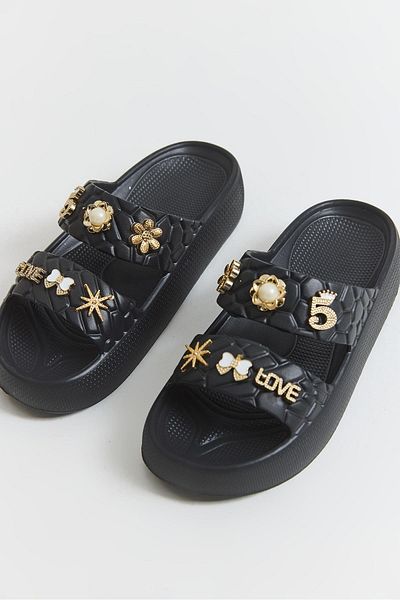 Raneel Kazançlı Alışveriş Double Band High Sole Slippers with Accessories Black
