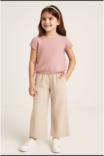 Via Girls' Gathered Elastic Sleeveless Woven Blouse Elastic Waist Pocket Woven Linen Loose Leg Pants Set