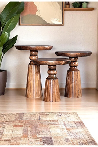 ASELYA HOME Doğal Ahşap 3’lü Set Mantar Yan Sehpa Modern Ceviz Renk Fiskos Zi...