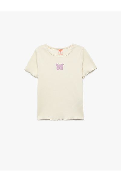 Koton Butterfly Embroidered Cotton Short Sleeve Crew Neck T-Shirt