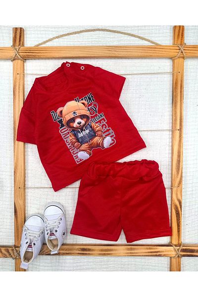 ALFA AKSESUAR 03 9-12-18-24 Months Dancer Teddy Bear Printed Shorts Short Sleeve T-Shirt 2-Piece Baby Boy Set
