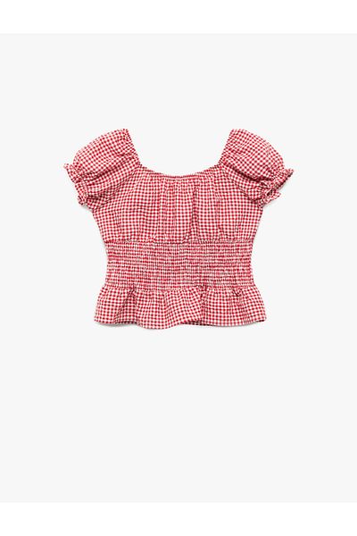 Koton Gipeli Short Sleeve Boat Neck Ruffle Detail Gingham Crop Poplin Blouse