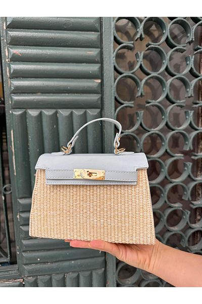 Tina İstanbul Geantă de paie cu capac și accesorii pentru centură Albastru