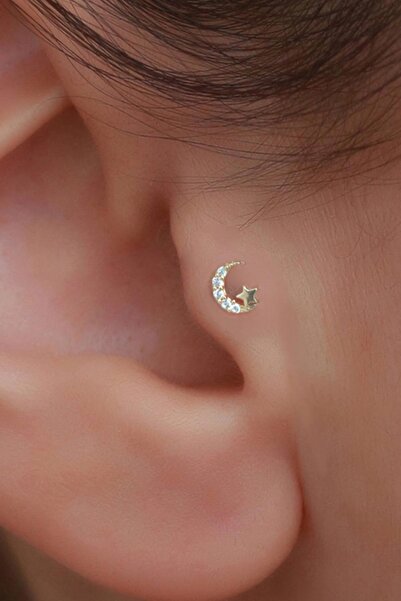 Bayar Gold 14 Ayar Altın Taşlı Ay Yıldız Tragus Piercing