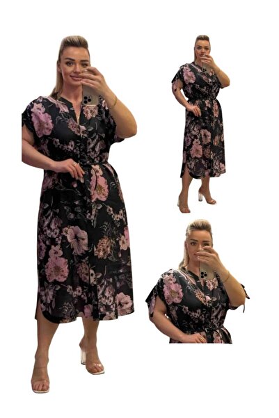 TESSY KADIN BÜYÜK BEDEN KOLLARI BÜZMELİ PEMBE ÇİÇEKLİ ELBİSE