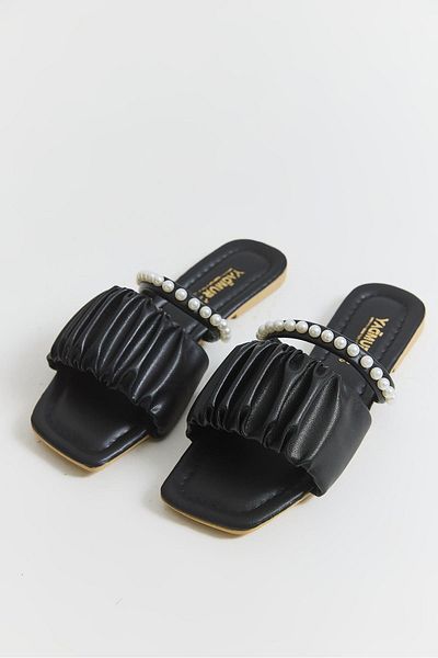 Raneel Kazançlı Alışveriş Stylish Slippers with Pearl Stone and Drawstring Detail Black