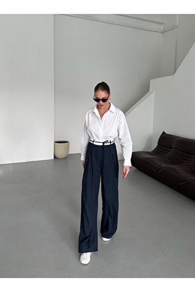 My Blog Темно-сині штани з ременем і деталями - 3576