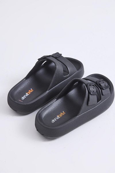 Raneel Kazançlı Alışveriş High Sole Open Front Double Buckle Slippers Black