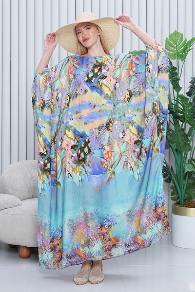 EL jadida Women's Patterned Oversize Long Viscose Dress Blue