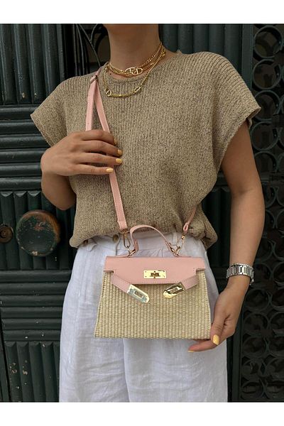 Tina İstanbul Straw Bag with Cover and Belt Accessories Pink