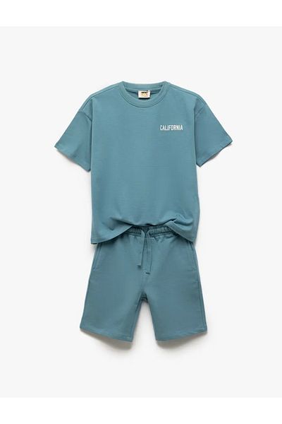 Koton Kids Boys' Cotton Crew Neck Short Sleeve Embroidered Top with Lace-Up Waist Shorts Set of Two