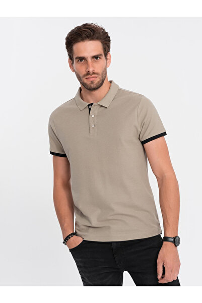 OMBRE Pánské bavlněné polo tričko s kontrastním lemem - tmavě béžové V5 OM-POSS-0113 M
