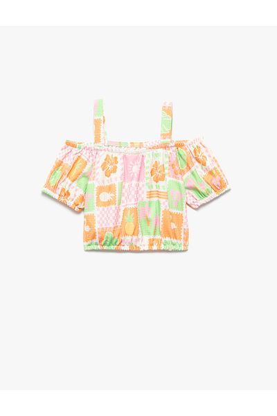Koton Floral Short Balloon Sleeve T-Shirt with Strap