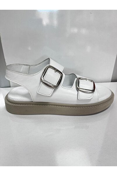 Mimoza KADIN SANDALET HAKİKİ DERİ TOKALI BEYAZ RENK
