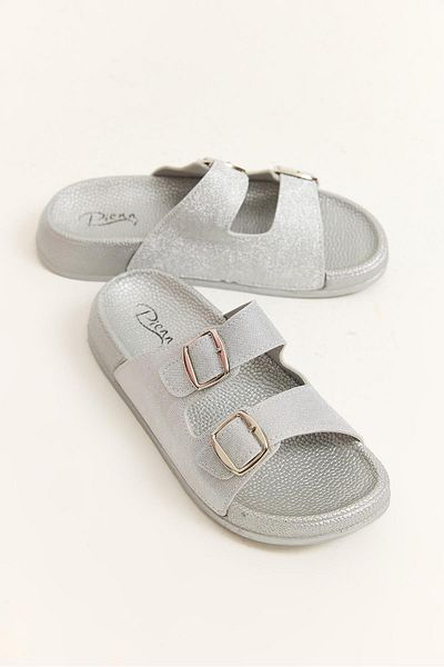 Raneel Kazançlı Alışveriş Double Tape Buckle Comfortable Sole Slippers Silver