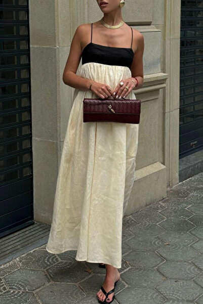 LOOSH Kadın Natural İnce Askılı İki Renkli Uzun Elbise