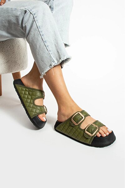 Sivarro Quilted Khaki Buckle Women's Slippers – Orthopedic, Stylish, Non-Slip Sole