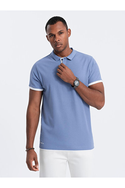 OMBRE Tricou polo bărbătesc din bumbac cu garnitură contrastantă - albastru V3 OM-POSS-0113 M
