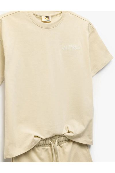 Koton Kids Boys' Cotton Crew Neck Short Sleeve Embroidered Top with Lace-Up Waist Shorts Set of Two