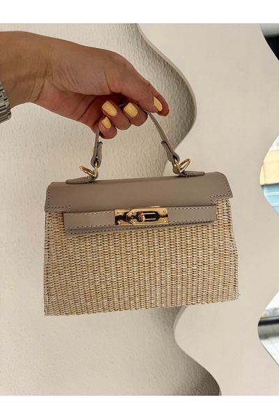 Tina İstanbul Geantă din paie cu capac și accesorii pentru centură Mink
