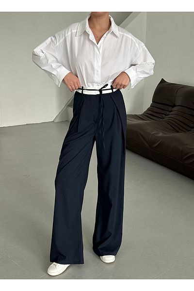 My Blog Navy Blue Rope Belt Detailed Design Trousers - 3576
