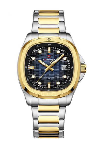 Naviforce Square Unique temperament Silver Gold bracelet strap with Blue dial Analog Watch - For Men