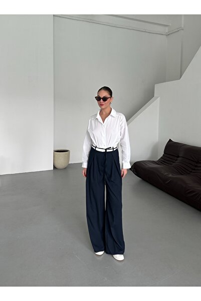 My Blog Темно-сині штани з ременем і деталями - 3576