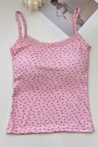 Karakedi Pink Tiny Bow and Floral Patterned Y2K Supported Strap Crop