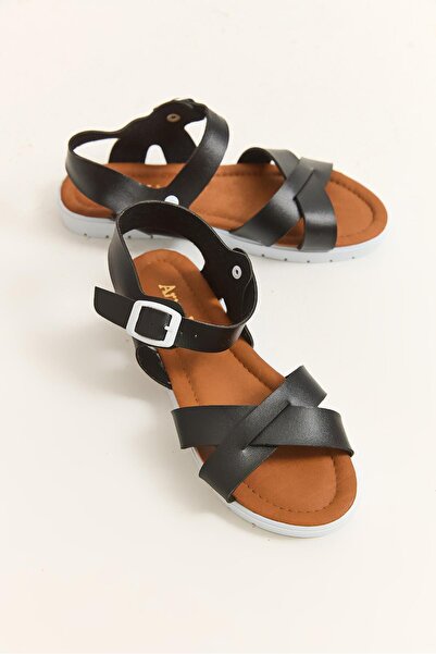 Raneel Kazançlı Alışveriş Cross Strap Ankle Buckle Sandals Black