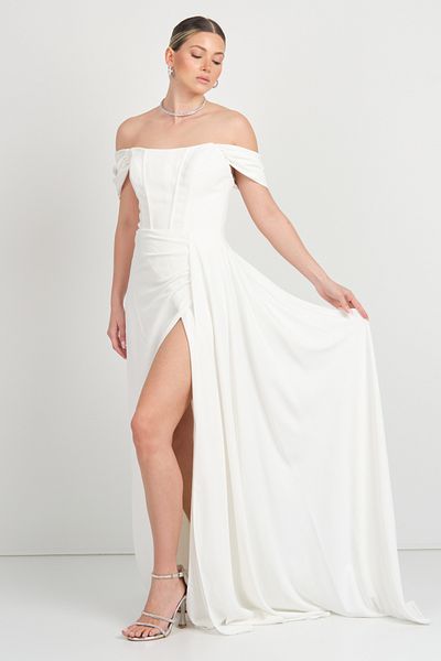 DORİDORCA Doridorca Women's Strapless Corset Sleeve Detail Deep Slit Long Evening Dress 5136 White