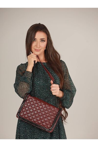 AMICA Victoria Quilted Leather Women's Crossbody Wine Red Handbag With Matte Chain Detailing