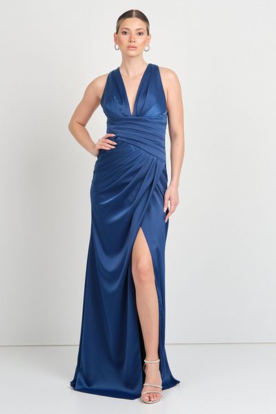 DORİDORCA Doridorca Women's Deep V Neck Draped Waist Maxi Size Evening Dress 7084 K. Indigo