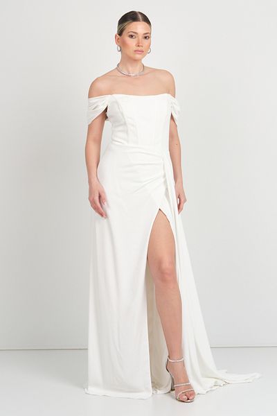 DORİDORCA Doridorca Women's Strapless Corset Sleeve Detail Deep Slit Long Evening Dress 5136 White