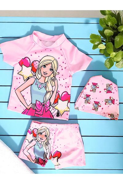 MİLAYS LİFE HOME COLLECTİON 3 Pieces Bonneted Tee-Shorts Sea and Pool Swimsuit