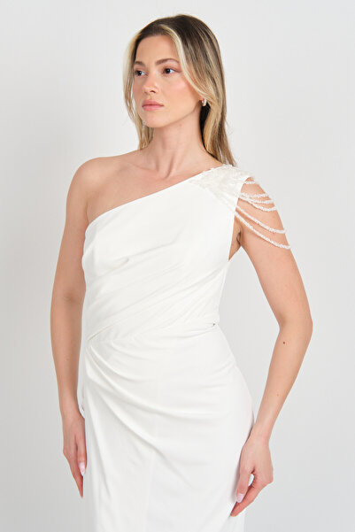 DORİDORCA Doridorca Γυναικείο Μακρύ Βραδινό Φόρεμα με έναν ώμο και Πέτρα με λεπτομέρειες 6053 Λευκό