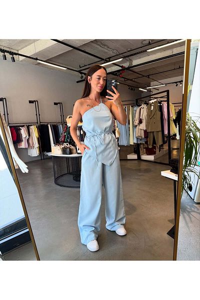 solena sln Women's One Shoulder Lace up Asymmetrical Linen Suit