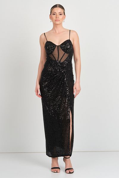DORİDORCA Doridorca Women's Corsage Sheer Detail Full Sequin - Sequin Evening Dress 6057 Black