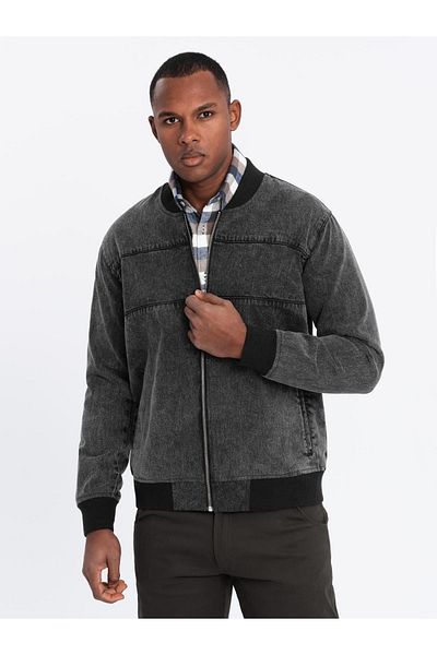 OMBRE Herren-Jeans-Bomberjacke mit Stone-Wash-Effekt - Schwarz V2 OM-JADJ-0163 XL