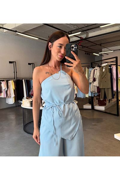 solena sln Women's One Shoulder Lace up Asymmetrical Linen Suit