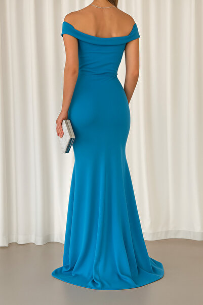 Deafox Rochie de seară din țesătură creponată importată cu decolteu barcă albastră